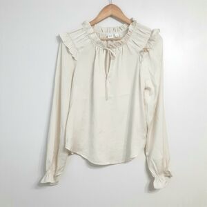 Gap cream silky ruffle neck blouse long puff sleeves tie front women size small